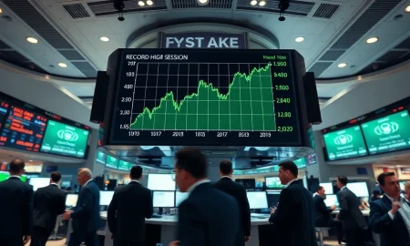 Stock market traders watching an electronic board with rising green numbers during a record-high trading session