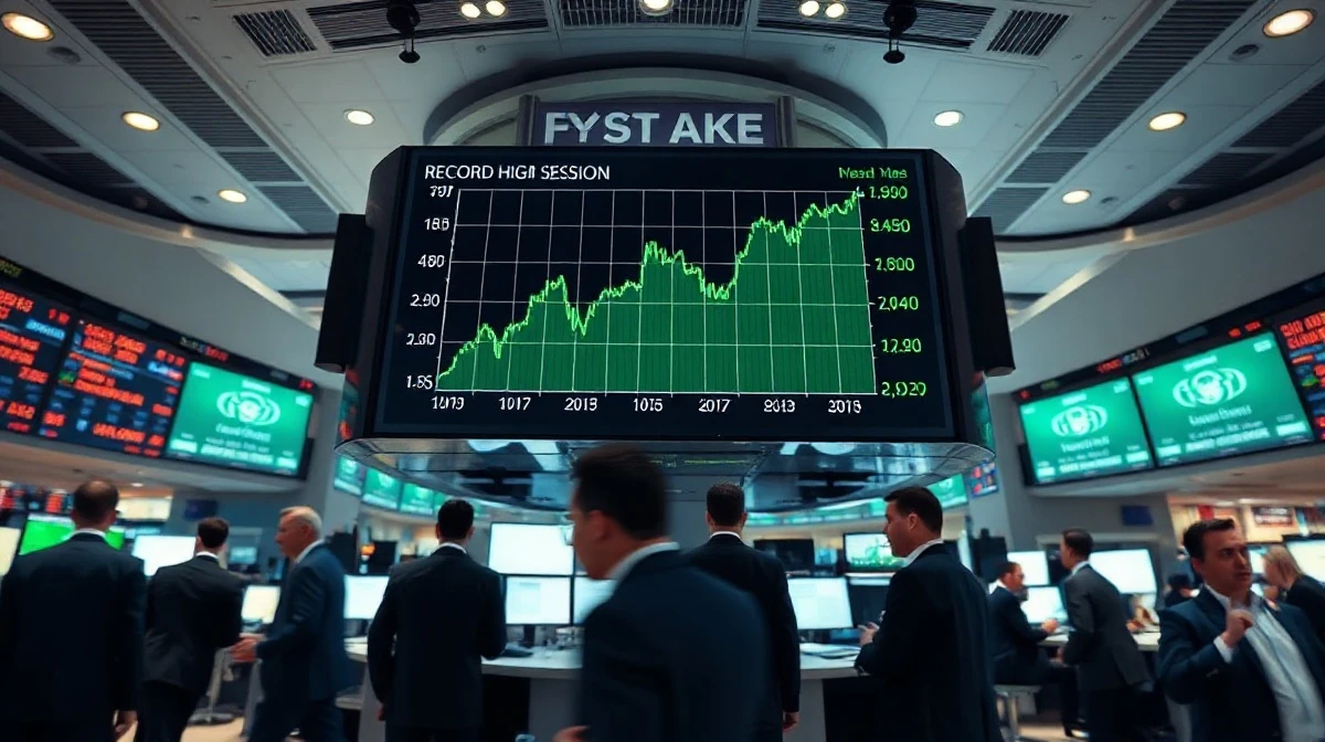 Stock market traders watching an electronic board with rising green numbers during a record-high trading session