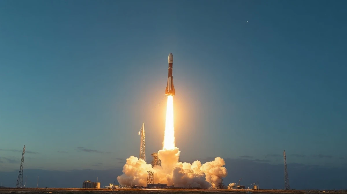 SpaceX Falcon 9 rocket launching at dawn with Starlink satellites visible in the sky