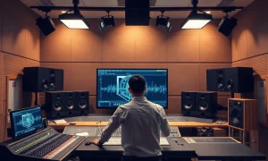 Audio engineer at a mixing console with AI waveforms on a screen in a modern studio