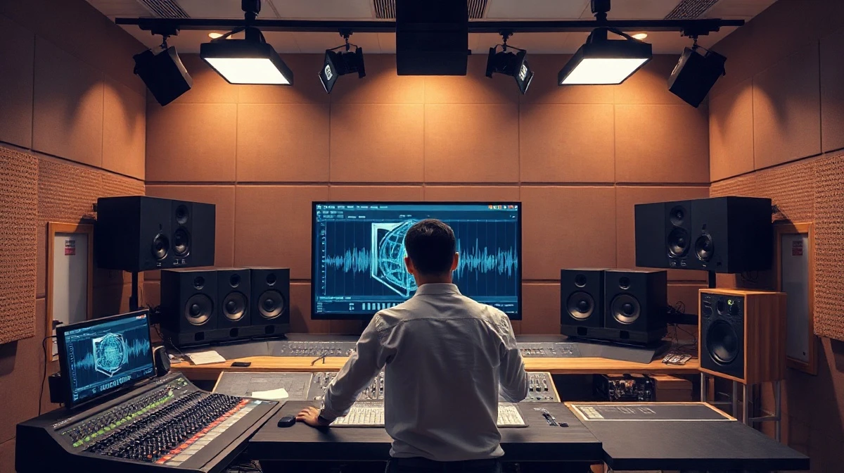 Audio engineer at a mixing console with AI waveforms on a screen in a modern studio