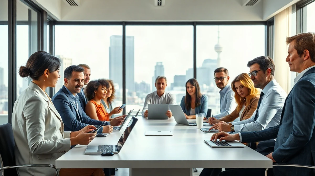 Stability AI executives and entertainment industry partners in a modern boardroom discussing AI tools