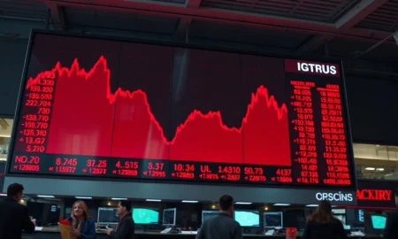 Stock market board showing red declining charts during a trading session