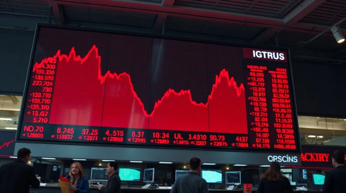 Stock market board showing red declining charts during a trading session