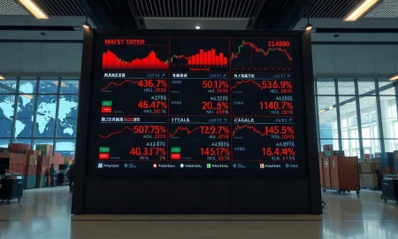 Stock market display showing red declining charts on a trading floor