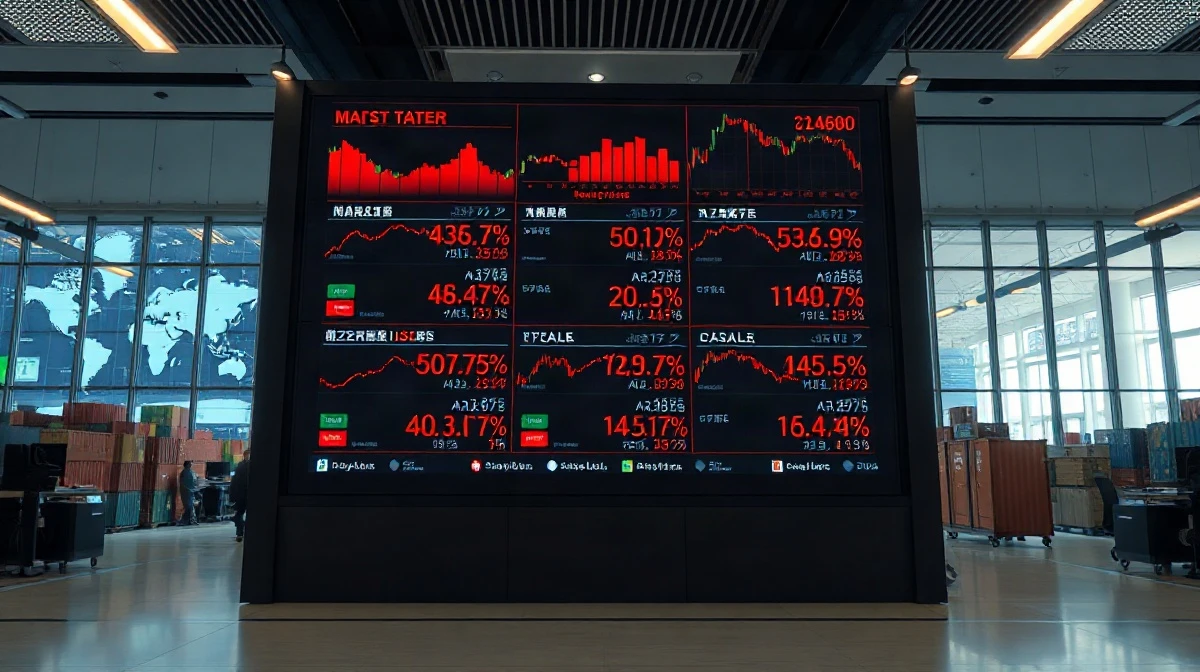 Stock market display showing red declining charts on a trading floor