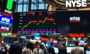Stock market ticker board showing mixed trading ahead of Nvidia earnings