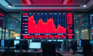 Stock market display showing red declining charts during a selloff