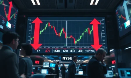 Stock market display board showing red declining charts during a trading session.