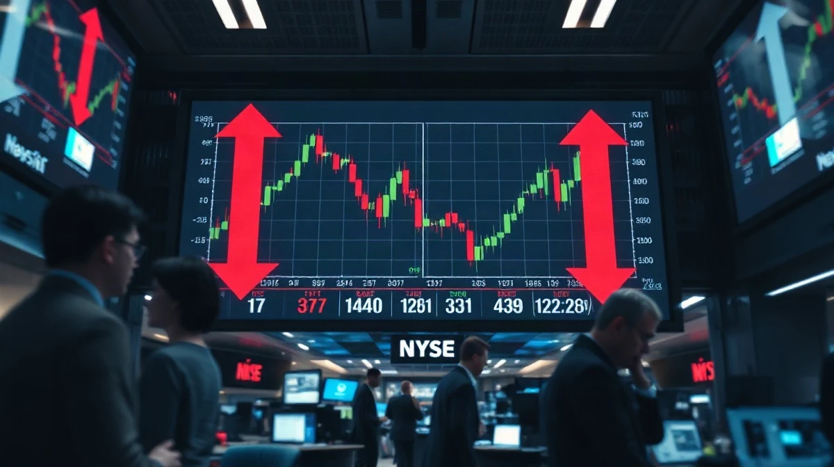 Stock market display board showing red declining charts during a trading session.
