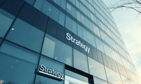 Strategy corporate headquarters building in Tysons Corner, Virginia, on an overcast afternoon.