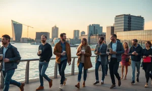 Stockholm skyline with young professionals discussing near the waterfront at golden hour