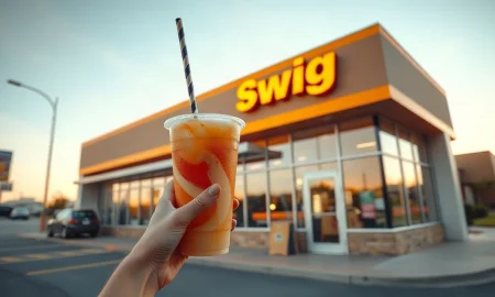 Customer receiving a colorful dirty soda at a Swig drive-thru storefront.