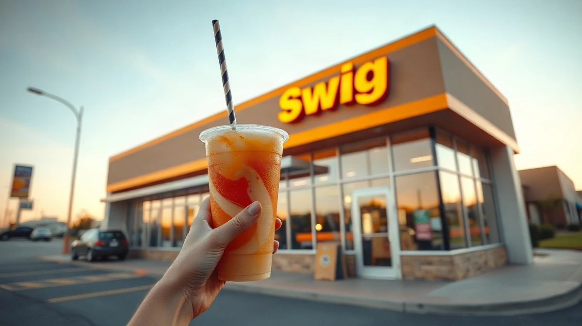 Customer receiving a colorful dirty soda at a Swig drive-thru storefront.