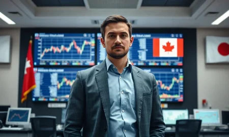 Financial analyst monitoring currency charts on trading floor screens with Swiss and Japanese flags visible