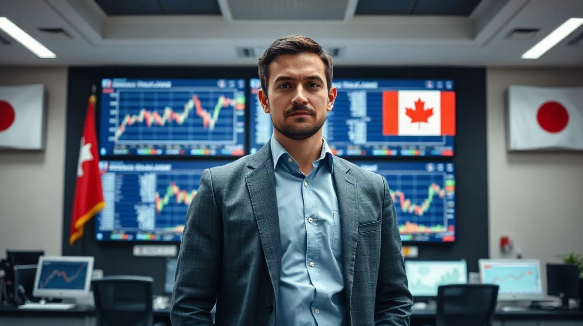 Financial analyst monitoring currency charts on trading floor screens with Swiss and Japanese flags visible