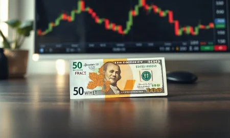 Swiss franc and US dollar banknotes side by side on a desk, symbolizing USD/CHF forex trading.