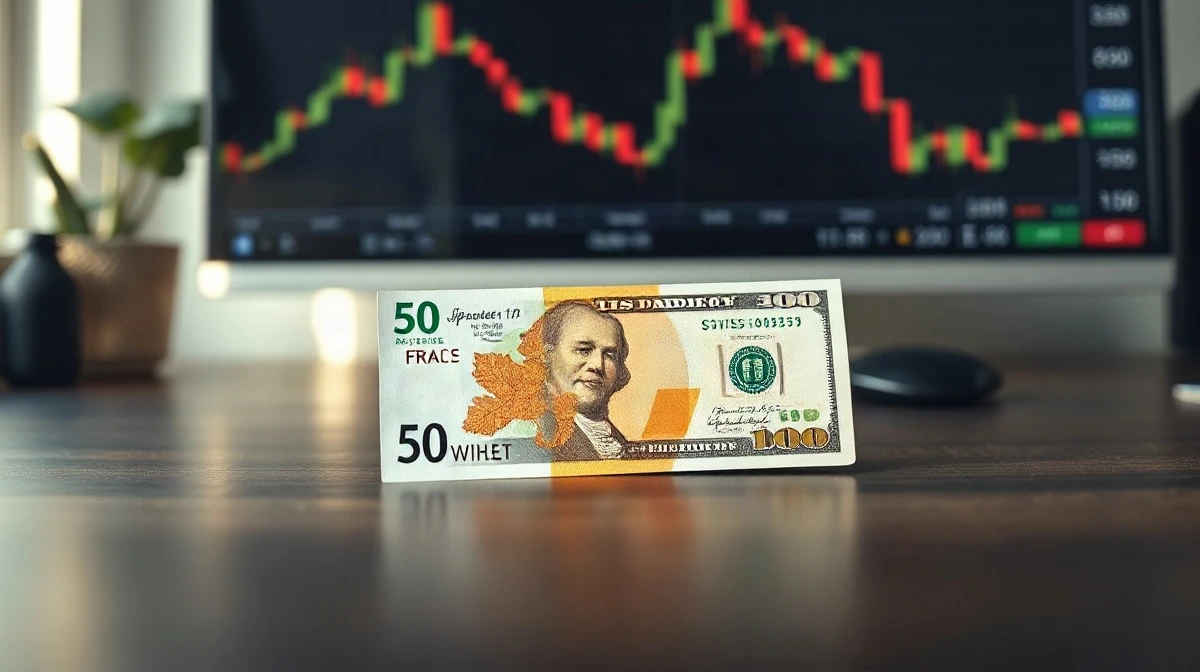 Swiss franc and US dollar banknotes side by side on a desk, symbolizing USD/CHF forex trading.