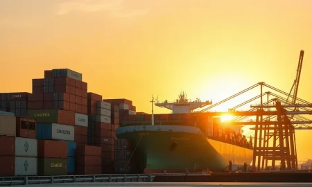 Container ship and cranes at the Port of Kaohsiung, Taiwan, symbolizing surging AI-driven exports.