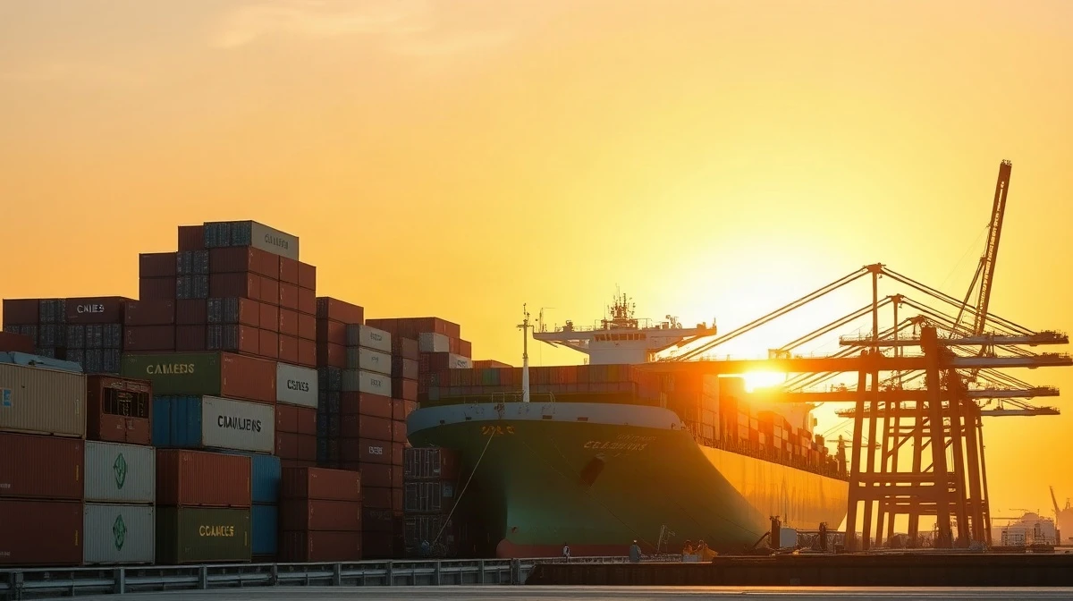 Container ship and cranes at the Port of Kaohsiung, Taiwan, symbolizing surging AI-driven exports.