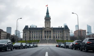 Parliament Building in Ottawa under overcast sky, representing Canada's economy amid US trade tariffs.