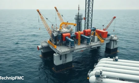 Offshore oil and gas platform at sea representing TechnipFMC's subsea engineering business