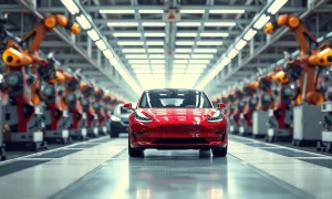 A red Tesla Model Y on an assembly line, representing the company's 10 millionth electric vehicle milestone.