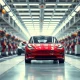 A red Tesla Model Y on an assembly line, representing the company's 10 millionth electric vehicle milestone.