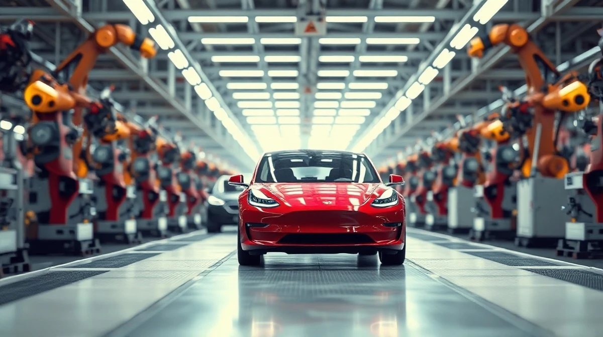 A red Tesla Model Y on an assembly line, representing the company's 10 millionth electric vehicle milestone.