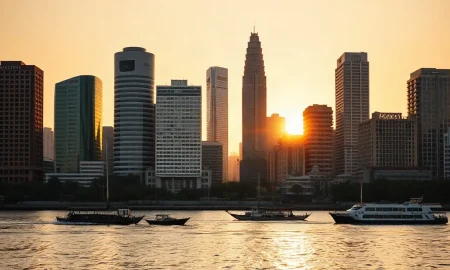 Bangkok skyline at sunset reflecting on the Chao Phraya River