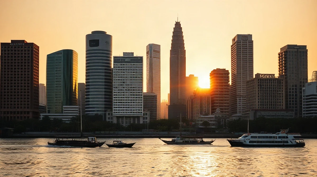 Bangkok skyline at sunset reflecting on the Chao Phraya River