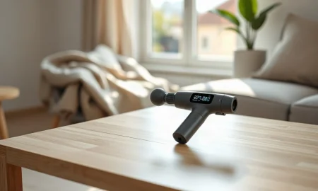 Theragun Sense massage gun with glowing LCD screen on a wooden table in a bright living room