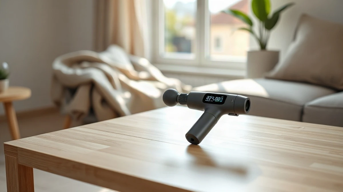 Theragun Sense massage gun with glowing LCD screen on a wooden table in a bright living room