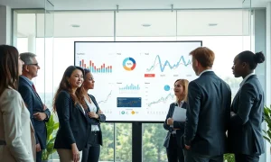 Professionals in a modern office reviewing AI workflow dashboards on a large screen