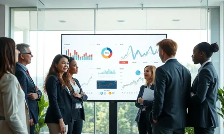Professionals in a modern office reviewing AI workflow dashboards on a large screen