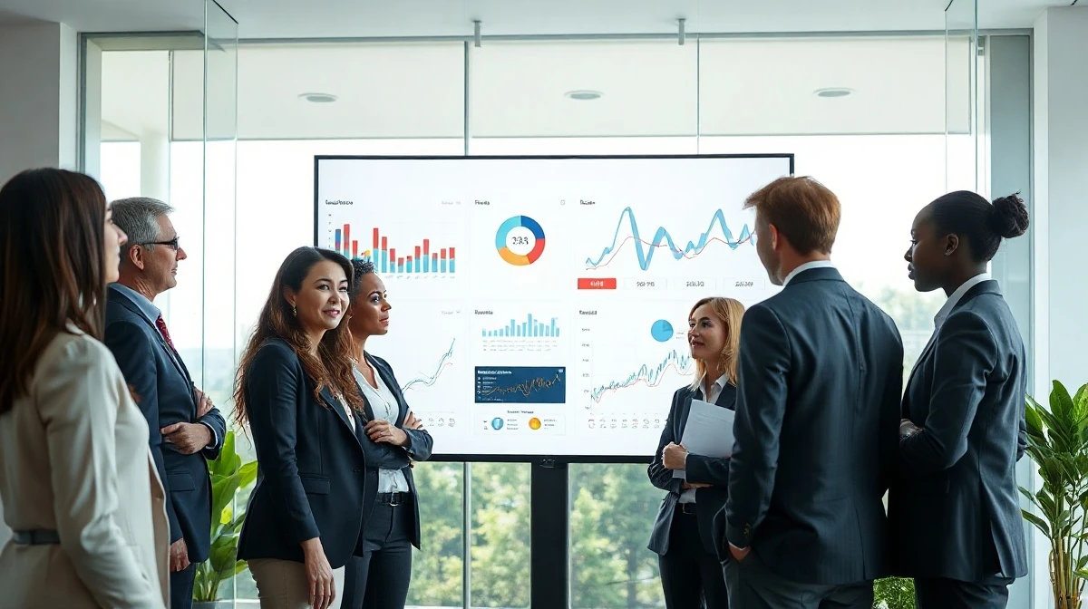 Professionals in a modern office reviewing AI workflow dashboards on a large screen