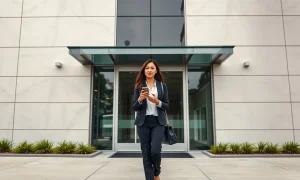 Person walking into a modern office building in Culver City, representing TikTok's corporate headquarters during the privacy settlement.