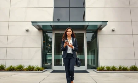 Person walking into a modern office building in Culver City, representing TikTok's corporate headquarters during the privacy settlement.
