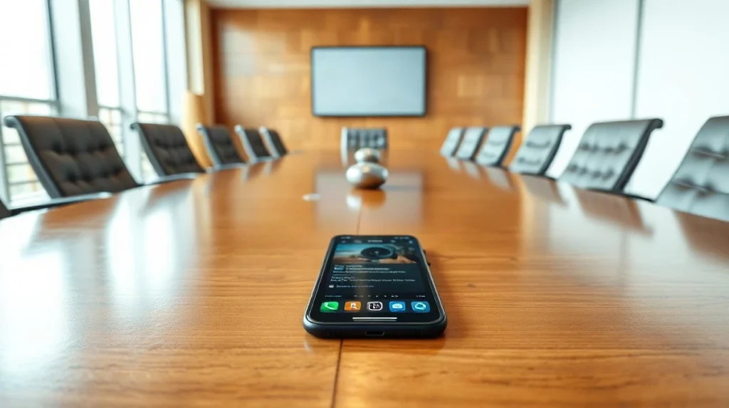 Smartphone on a boardroom table displaying a podcast interface, symbolizing Travis Kalanick's VC interview.