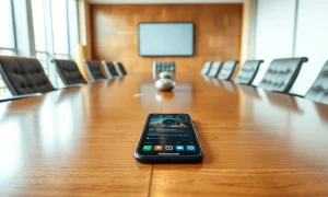 Smartphone on a boardroom table displaying a podcast interface, symbolizing Travis Kalanick's VC interview.