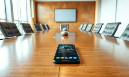 Smartphone on a boardroom table displaying a podcast interface, symbolizing Travis Kalanick's VC interview.