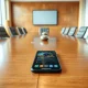 Smartphone on a boardroom table displaying a podcast interface, symbolizing Travis Kalanick's VC interview.
