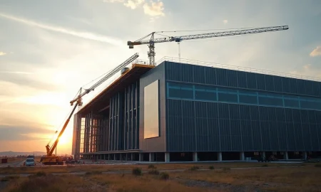Construction site of a large AI data center with cranes and workers at dusk