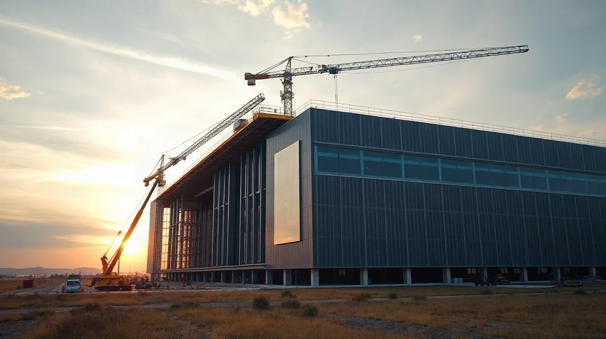Construction site of a large AI data center with cranes and workers at dusk