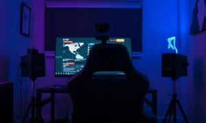 Twitch streamer setup with monitor and webcam in a dimly lit room, representing AI training on user content.