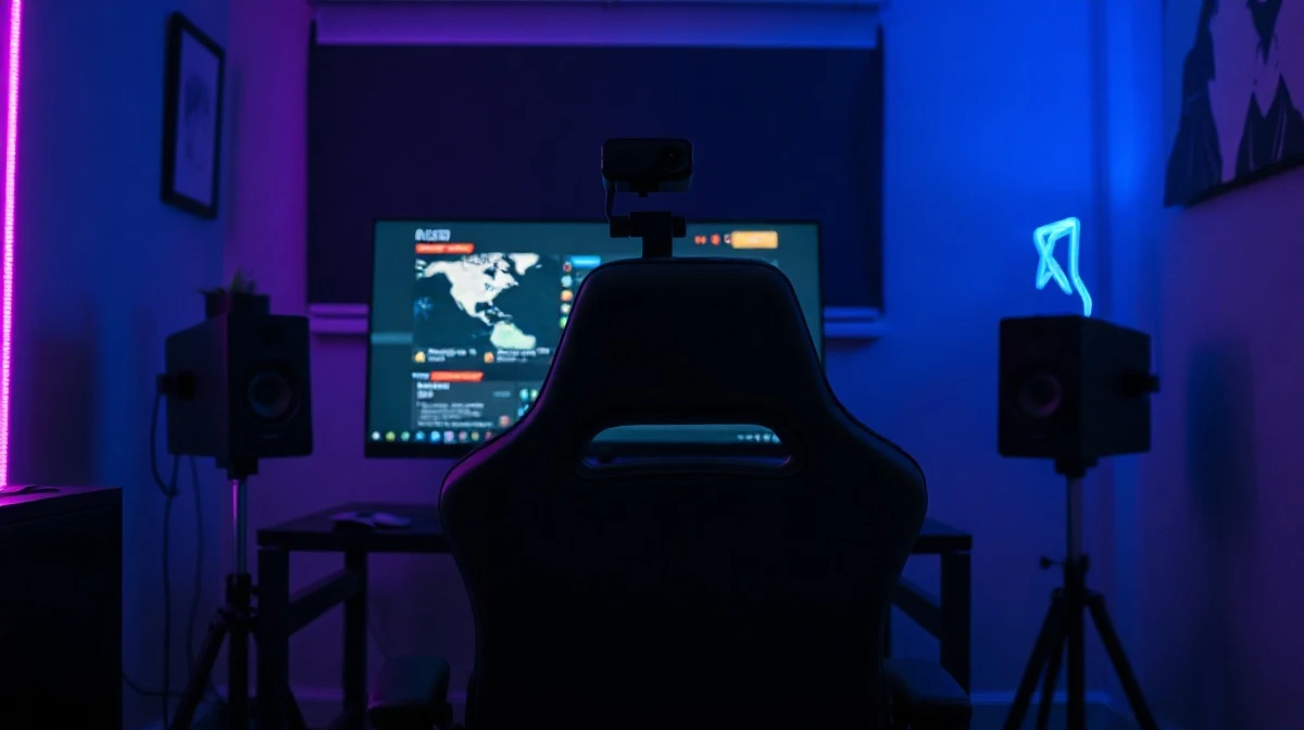 Twitch streamer setup with monitor and webcam in a dimly lit room, representing AI training on user content.