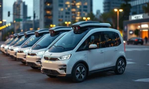 A fleet of autonomous electric robotaxis parked in a modern urban setting at dusk