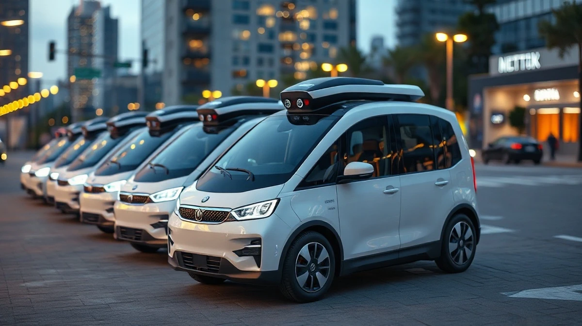 A fleet of autonomous electric robotaxis parked in a modern urban setting at dusk