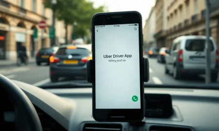 Smartphone on a car dashboard showing the Uber driver app, with a blurred city street background.