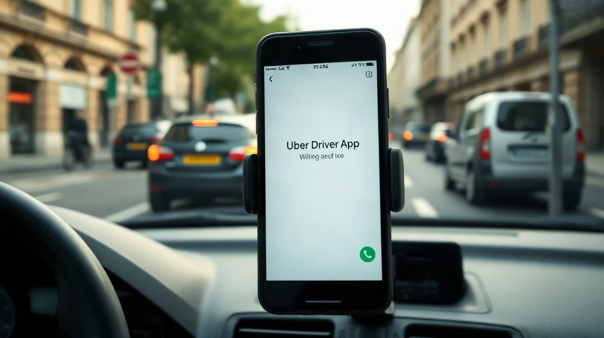 Smartphone on a car dashboard showing the Uber driver app, with a blurred city street background.